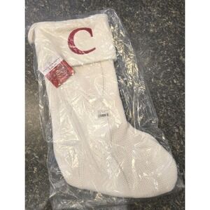 St. Nicholas Square Ivory Cable Knit Christmas Stocking Red "C" *NEW*